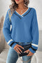 Blue Contrast Striped Trim V Neck Drop Shoulder Sweater