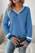 Blue Contrast Striped Trim V Neck Drop Shoulder Sweater