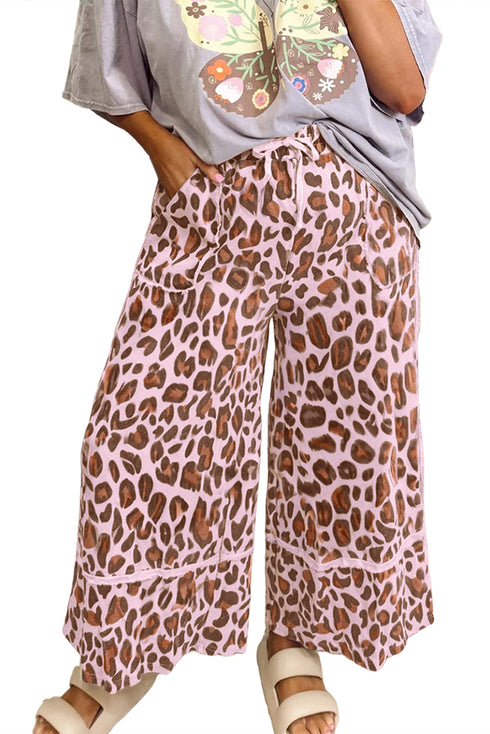 Pink Leopard Wide Leg Cropped Pants