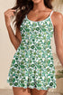 Green Floral Print Ricrac Trim Spaghetti Strap One Piece Swim Dress