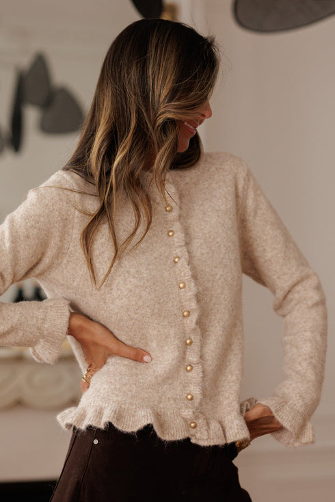Oatmeal Ruffle Trim Gold Button Sweater Cardigan