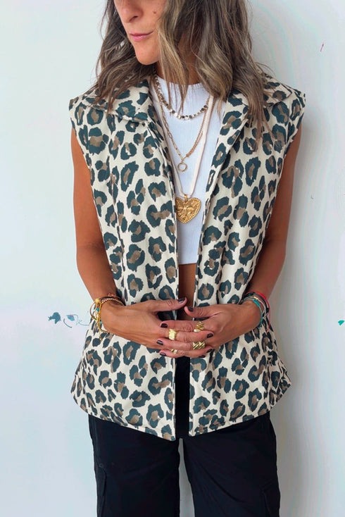 Brown Leopard Open Front Jacket Vest