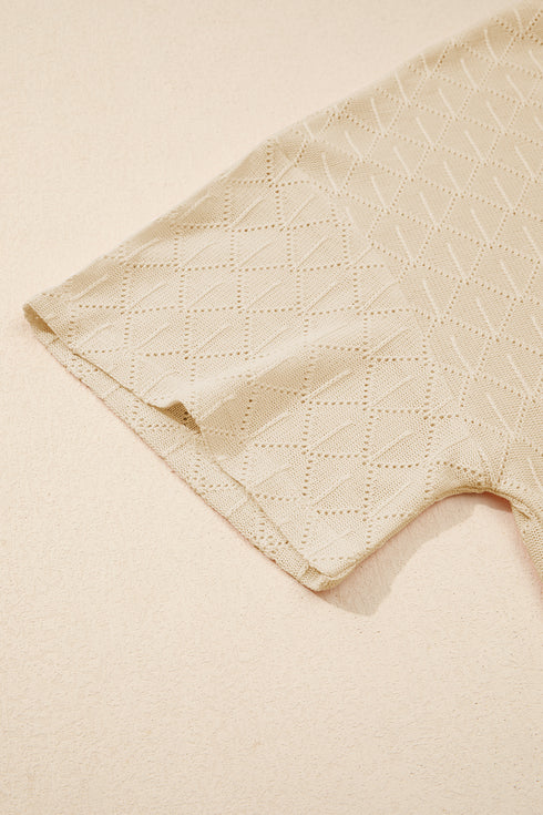 Golden Fleece Pointelle Rhombus Knit Plus Size V Neck Loose Top