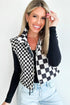 Black Mixed Checkerboard Stitched Zip Up Stand Neck Snap Button Vest
