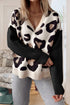 Black Leopard Print Color Block Patchwork Sleeve V Neck Sweater