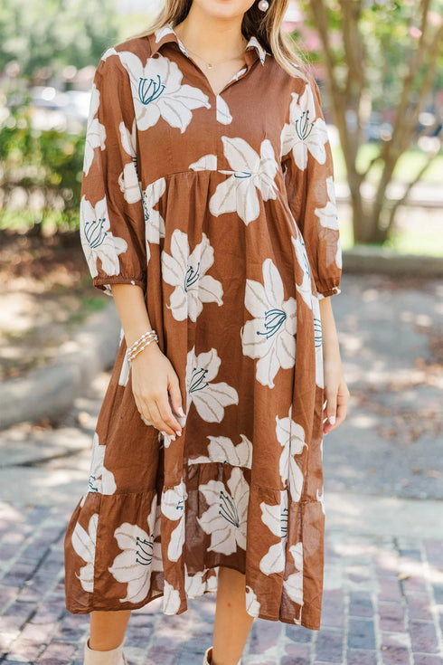 Brown Floral Print Shirt Collar V Neck 3/4 Sleeve Shift Midi Dress