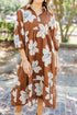 Brown Floral Print Shirt Collar V Neck 3/4 Sleeve Shift Midi Dress