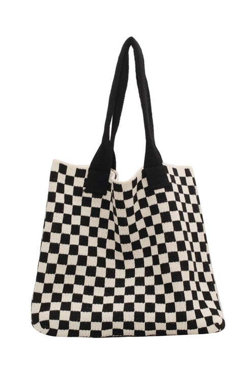 Color black Checkered Knit Eco-Friendly Tote Bag