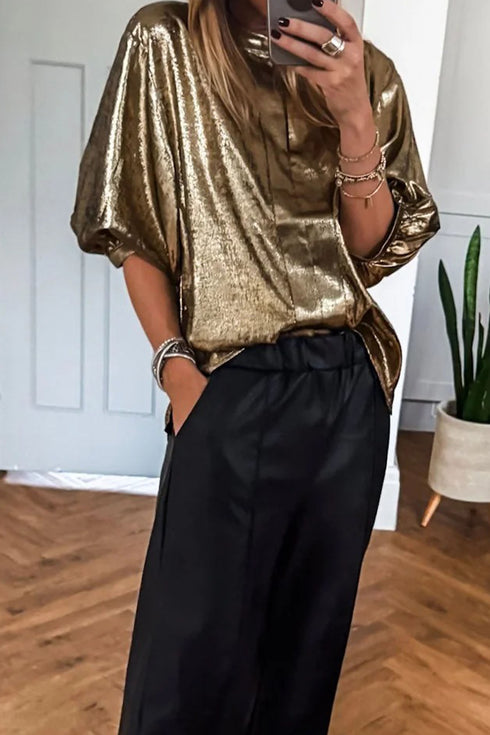 Gold Metallic Split Neck Half Sleeve Blouse