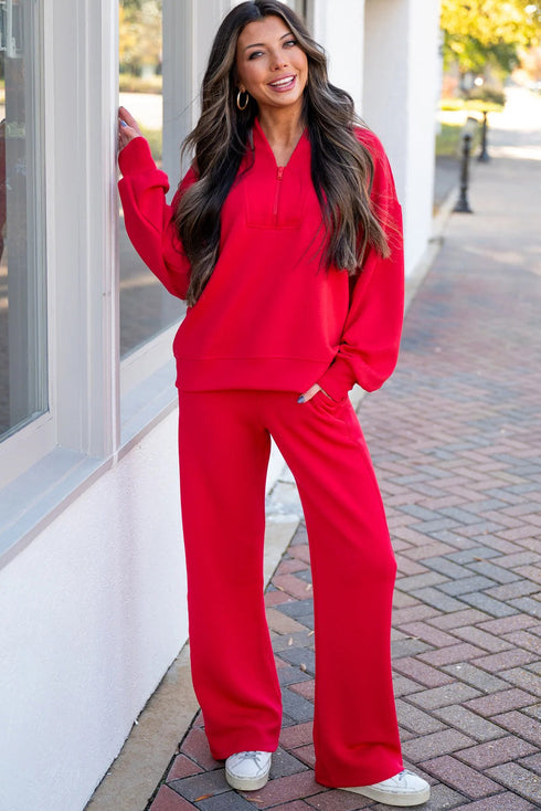 Fiery Red Quarter Zipped Pullover and Drawstring Sweatpants Set