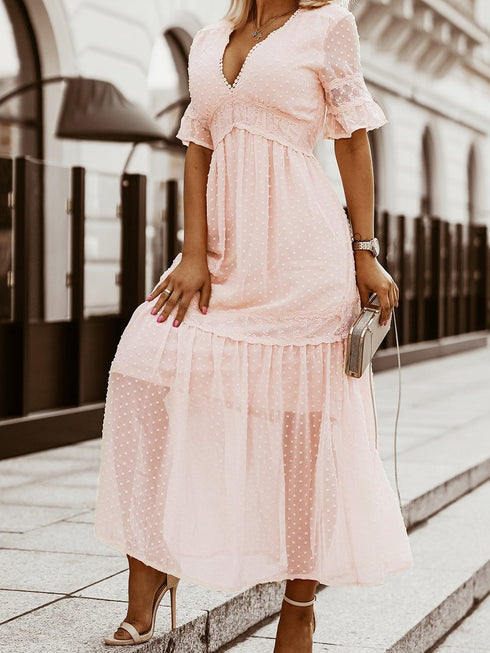 solid-color-v-neck-tie-half-sleeve-casual-dress