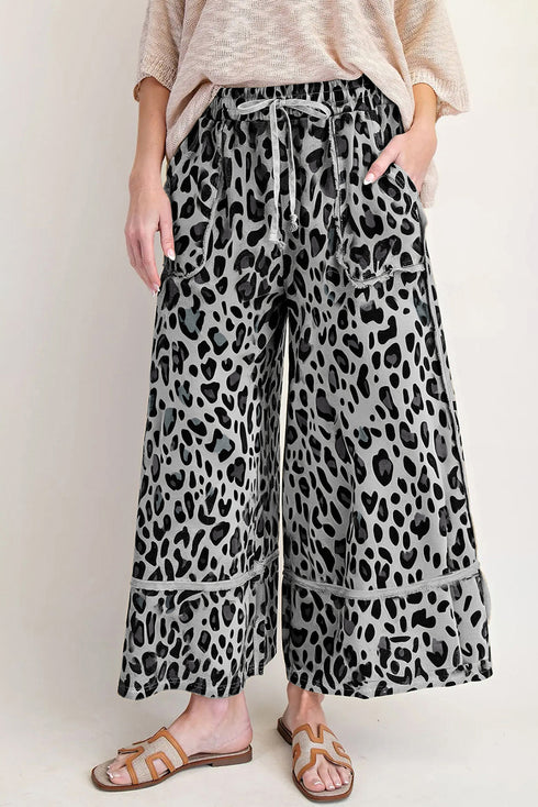 Gray Leopard Wide Leg Cropped Pants