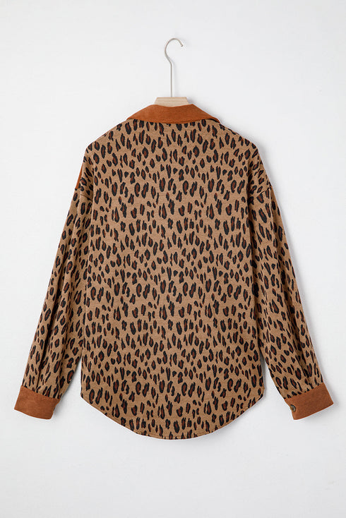 Chestnut Leopard Print Contrast Texture Patchwork Button Flap Pocket Casual Shacket