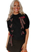 Black Plaid Lace up Detail Christmas Holiday Puff Short Sleeve Sweater