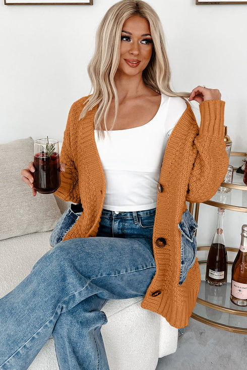 Chestnut Open Front Knitted Denim Pocket Patchwork Cardigan