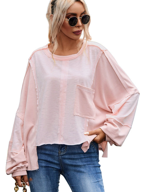 pink-exposed-seam-chest-pocket-loose-sleeve-oversized-top