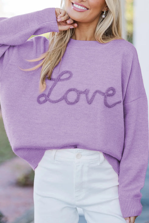 Orchid Petal Corded Love Script Graphic Baggy Sweater