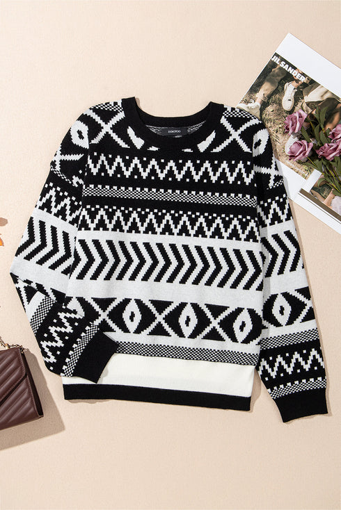 Black Abstract Print Pullover Sweater