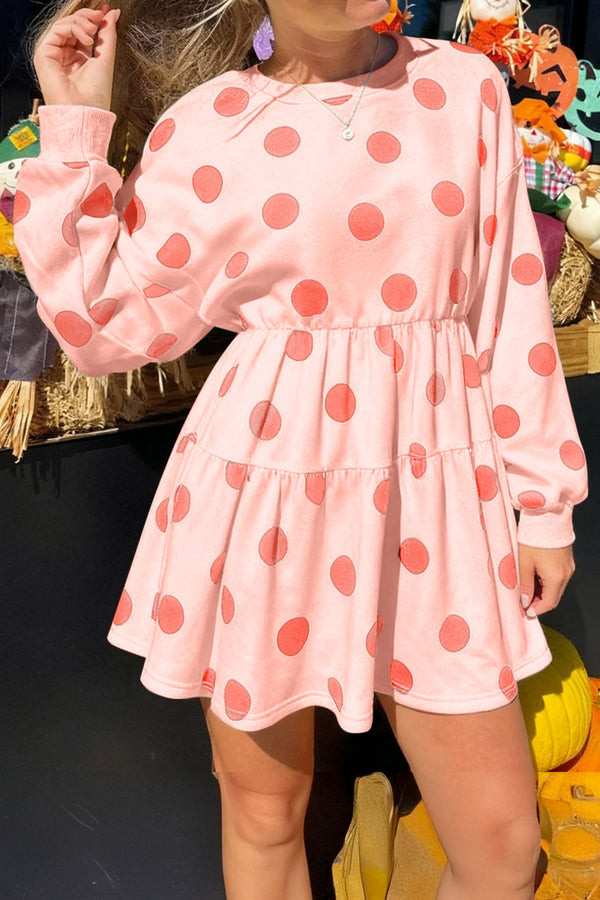 Pink Polka Dot Printed Long Sleeve Flared Mini Dress