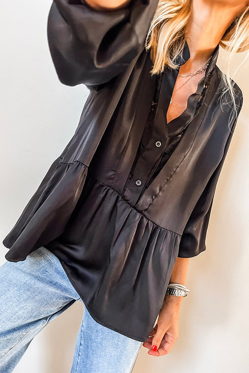 Black Satin Half Button Lace Insert Neckline 3/4 Sleeve Peplum Blouse