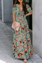 Green Fiery Floral Print Frilled V Neck Short Sleeve Maxi Dress