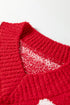 Fiery Red V Neck Flower Heart Detail Checkered Knit Loose Sweater
