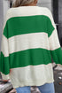 Green Stripe Loose Color Block Drop Shoulder Bubble Sleeve Sweater