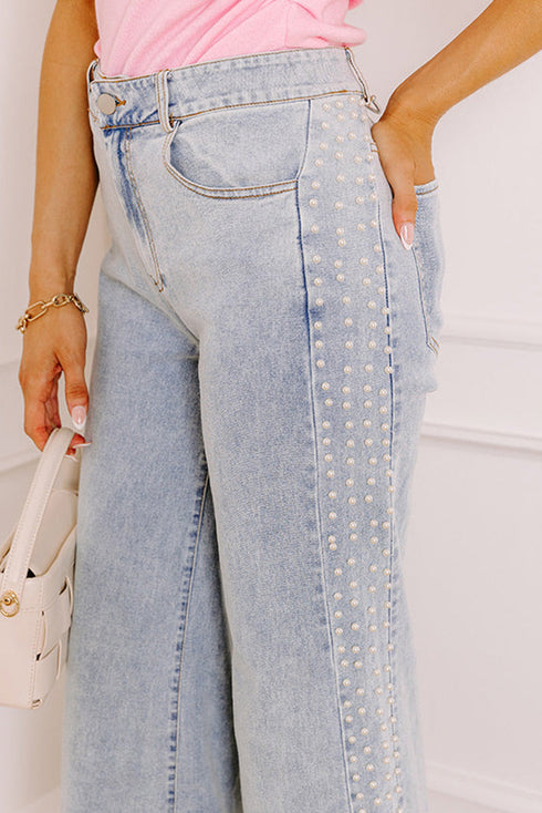 Beau Blue Mid Rise Pearl Embellished Split Wide Leg Jeans