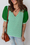 Green Stripe Puff Short Sleeve Patchwork V Neck Blouse