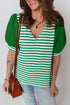 Green Stripe Puff Short Sleeve Patchwork V Neck Blouse