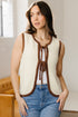 White Horizontal Ribbed Knit Contrast Trim Ties Front Sweater Vest