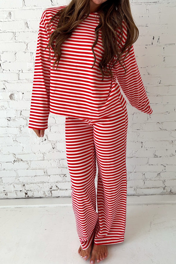Red Stripe Drop Shoulder Long Sleeve Top Lounge Pants 2pcs Set