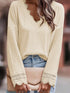 Apricot Ribbed Texture Lace Trim V Neck Long Sleeve Top