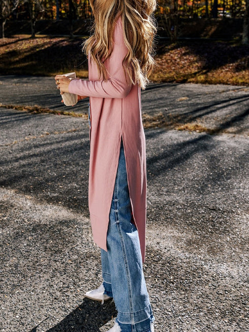 pink-ribbed-button-up-split-duster-cardigan