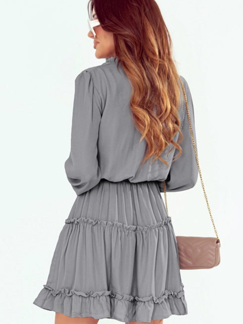Gray V Neck Long Sleeve Ruffle Tiered Mini Dress