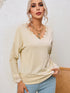 Apricot Ribbed Texture Lace Trim V Neck Long Sleeve Top