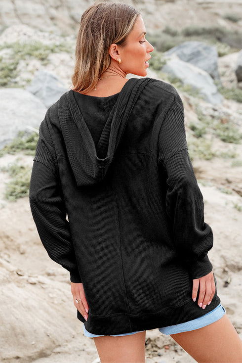 Black Oversize Waffle Drop Shoulder Exposed Seam V Neck Hoodie with Pockets