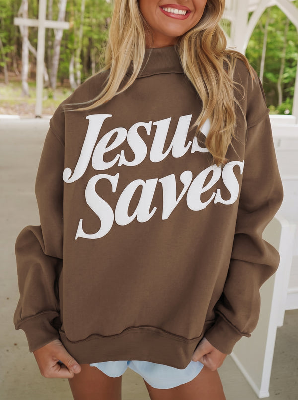 "Cozy Women's Oversized Dark Brown Jesus Saves Sweatshirt - Stylish Stand Neck Pullover for Everyday Comfort"