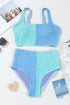 Sky Blue Corded Colorblock Square Neck Bikini Swimsuit