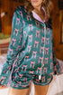 Green Ribbon Bow Print Silky Long Sleeve Shirt and Shorts 2pcs Pajama Set