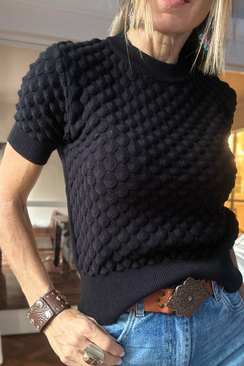 Black Fish Scale Textured Knit Ribbed High Neck Short Sleeve Sweater