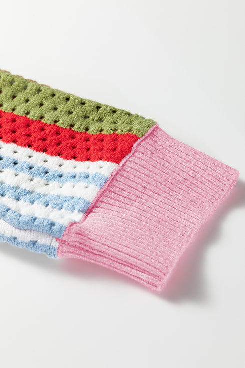 Multicolour Striped Pointelle Knit Short Sleeve Sweater