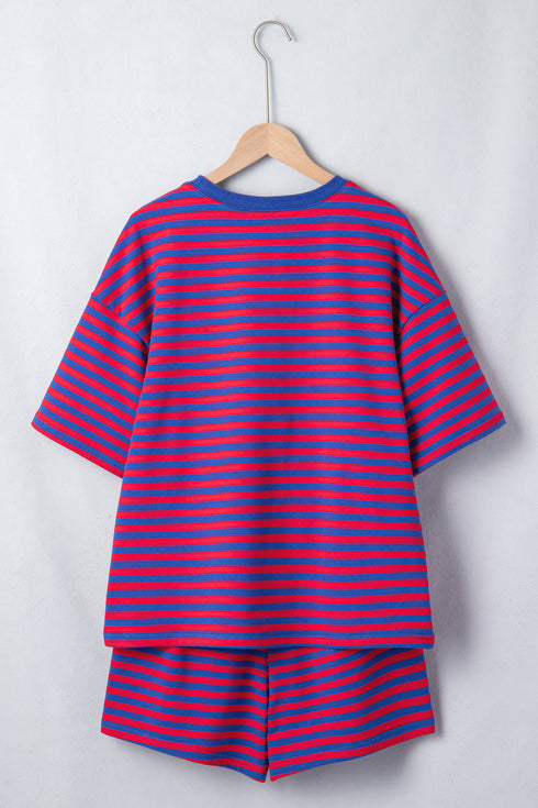 Navy Stripe Striped Ribbed Cotton Two-Piece Short Set with Chest Patch Detail