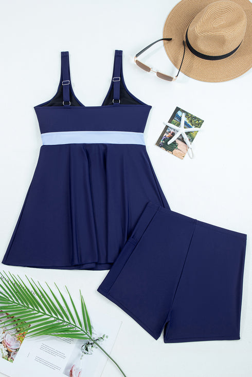 Navy Blue Color Block Patchwork Bow Knot Detail Sleeveless Swim Dress