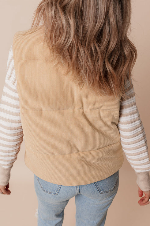 Light French Beige Corduroy Stand Neck Zipped Puffer Vest