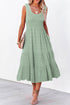 Green Shirred Pleated Square Neck Sleeveless Midi Dress