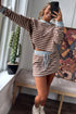 Brown Stripe Contrast Webbing Patchwork Cropped Long Sleeve Top Drawstring Mini Skirt Set