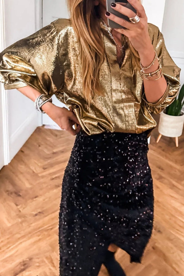 Gold Metallic Split Neck Half Sleeve Blouse