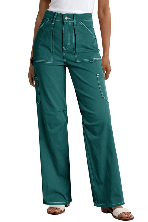 Green High Waist Straight Leg Cargo Pants with Pockets