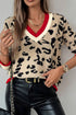Khaki Leopard Pattern Knit Contrast Striped Trim V Neck Sweater